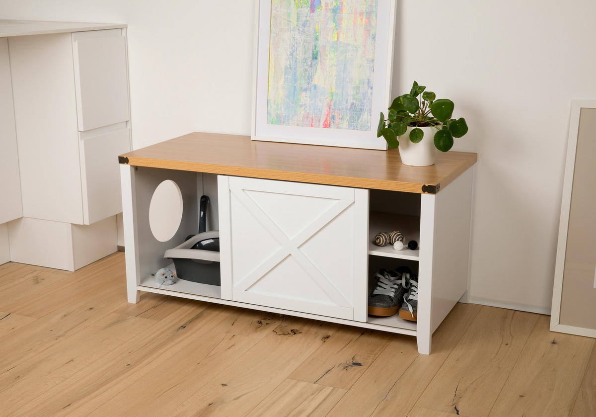 KATZENSCHRANK groß für Katzentoilette XXL aus Holz, mit Schuhschrank & Sitzkommode - Weiß, Holz (110/55/50cm) - needs&wants