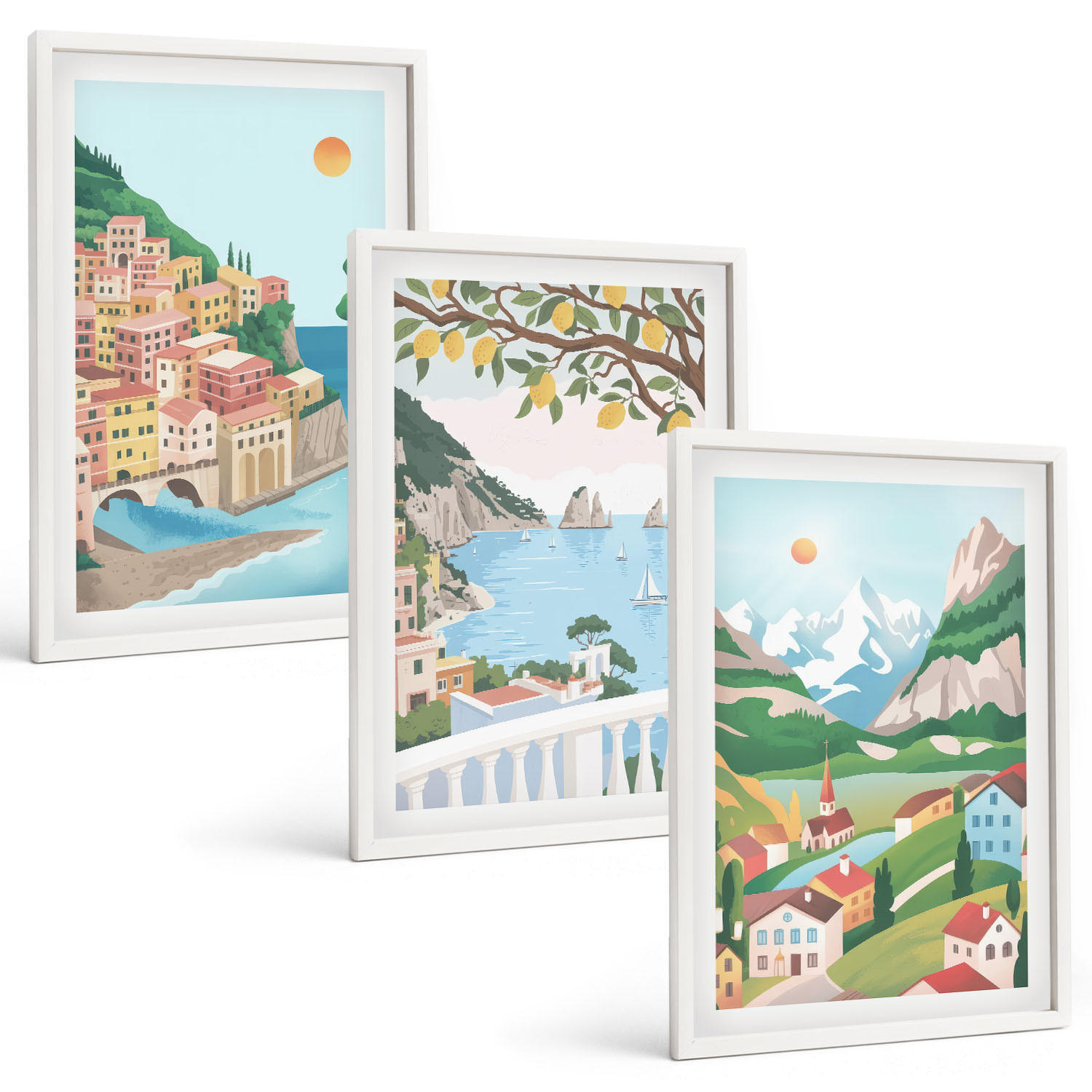 BILDER SET 3er Set - 40x60 cm Weißer Rahmen - Pastellfarbene Küstenansichten - Weiß, Kunststoff (40/60cm) - TULUP