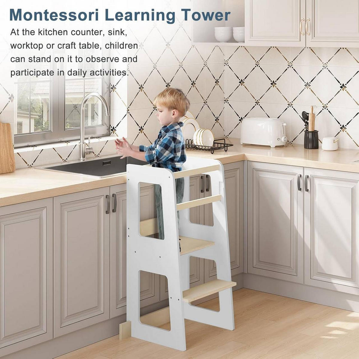 LERNTURM für Kinder ab 1 Jahr, Massivholz MDF, Weiß - Weiß/Naturfarben, Holz/Holzwerkstoff (59/90/41cm) - Woltu