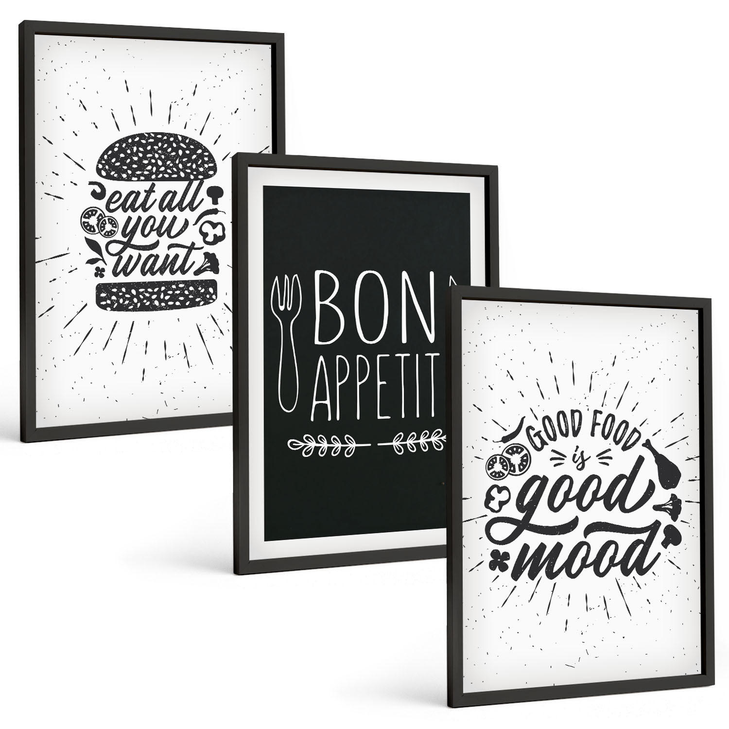 BILDER SET 3er Set - 40x60 cm Schwarzer Rahmen - Grafiken, Lebensmittel, kulinarische Slogans - Schwarz, Kunststoff (40/60cm) - TULUP