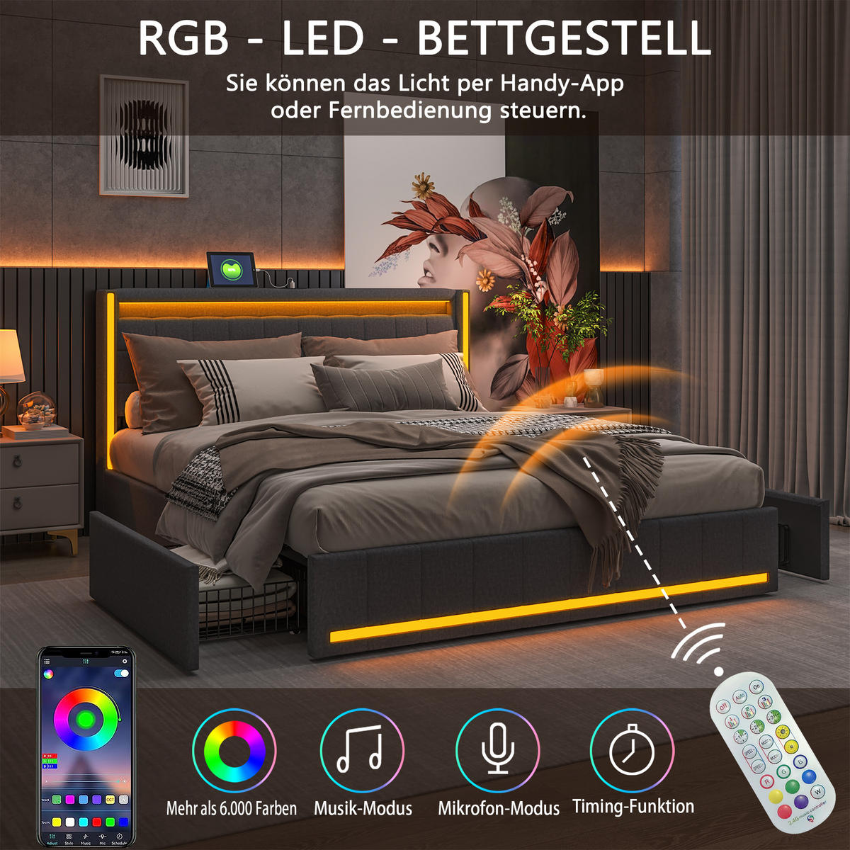 POLSTERBETT 140/200 cm dunkelgrau mit Schubladen, LED und USB - Grau, Holz