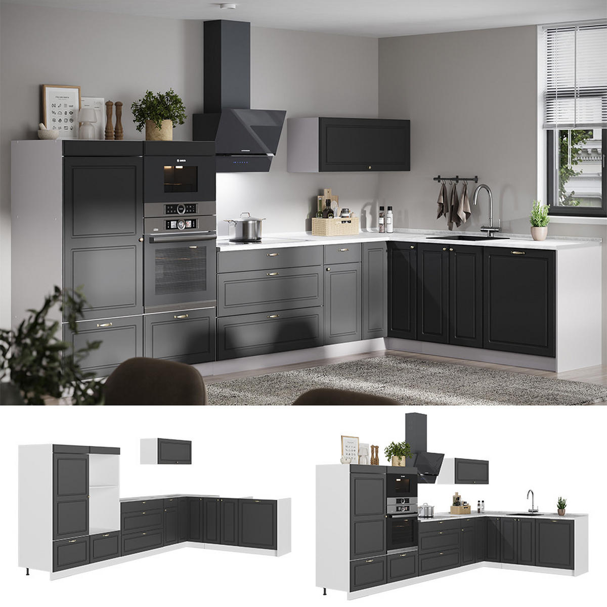KUHINJA U OBLIKU SLOVA L Fame-Line, Seoska Antracit-Zlatna/Bijela, 347 x 207 cm, RP Hrast - bijela/antracit, drvni materijal (347/153.6/60cm) - Vicco