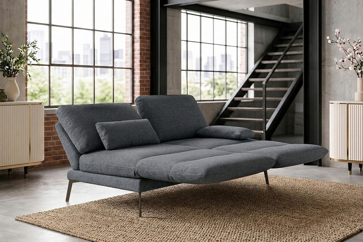 SOFA HOLLY Anthrazit Flachgewebe - Anthrazit/Braun, Textil/Metall (176/90/92cm) - KAWOLA