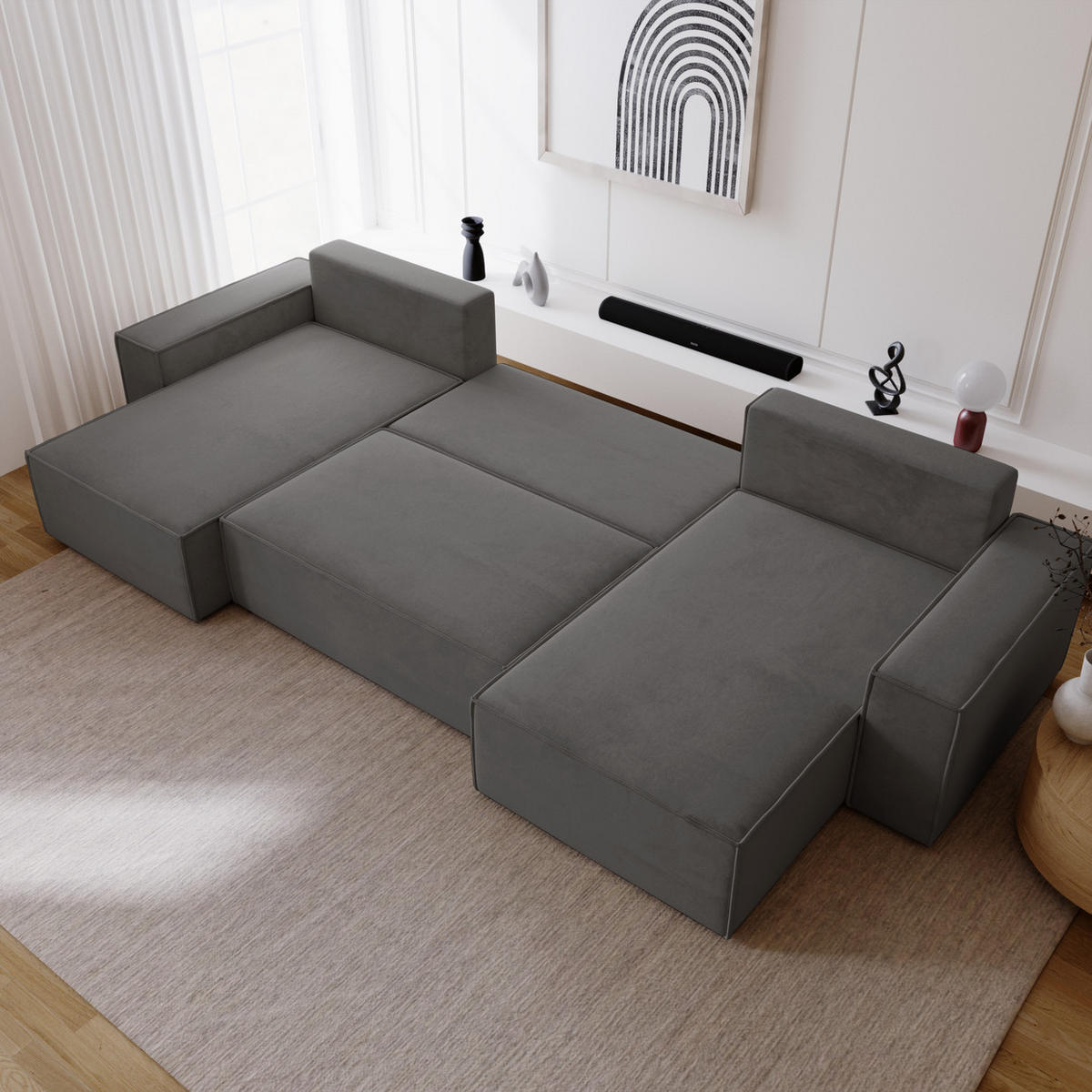 ECKSOFA 380 cm Bergamo U mit Bettkasten, Samt, Dunkelgrau - Dunkelgrau, Holz (377/189cm) - Emporius