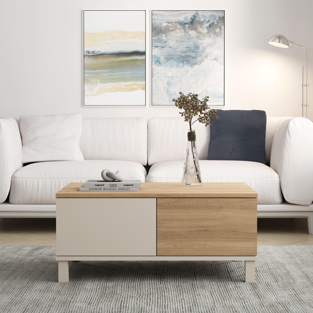 COUCHTISCH 2 Schubladen, 1 offenem Fach, Dekor Kaschmir und Eiche, 60/40/90 cm - Beige, Holzwerkstoff (11/60/40cm) - Calicosy