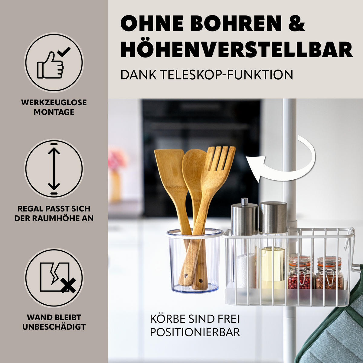 TELESKOP-KÜCHENREGAL, ausziehbar bis max. 290 cm, Metall, weiß - Weiß, Metall (34.5/290/34.5cm) - bremermann