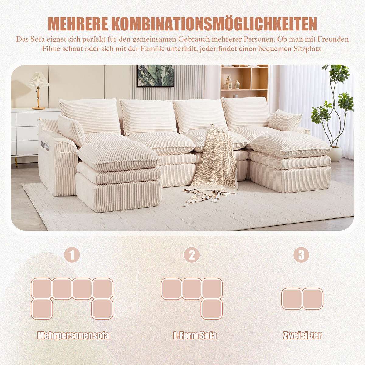 WOHNLANDSCHAFT Cord Beige mit Kissen, Hocker und Seitentaschen - Beige, Textil (335/85/167cm) - WISHDOR
