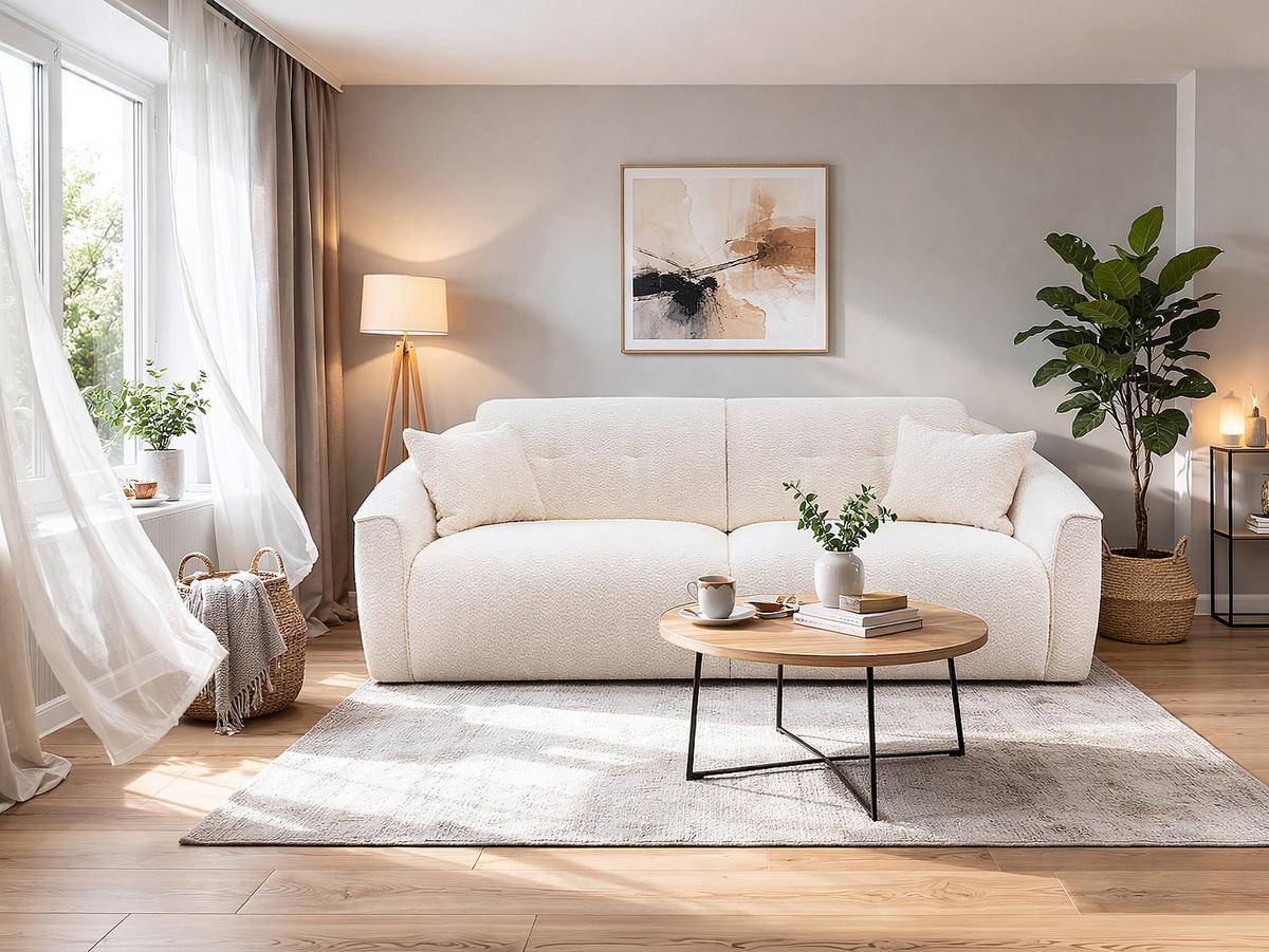 3-SITZER Schlafsofa Express aus weißem Bouclé-Stoff - Liegefläche 140 cm - Matratze 13 cm Memory-Schaum ASUFA - Weiß, Textil (208/80/100cm) - Vente-Unique