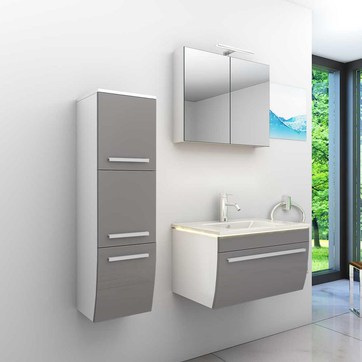 BADMÖBEL Set Gently 3 V2-L Weiß/Grau Badezimmermöbel Badspiegel Waschtisch 70 cm mit 1x 5W LED / Energiebox - Grau, Glas/Kunststoff (46/40/70cm) - AcquaVapore by Sandra Jentho