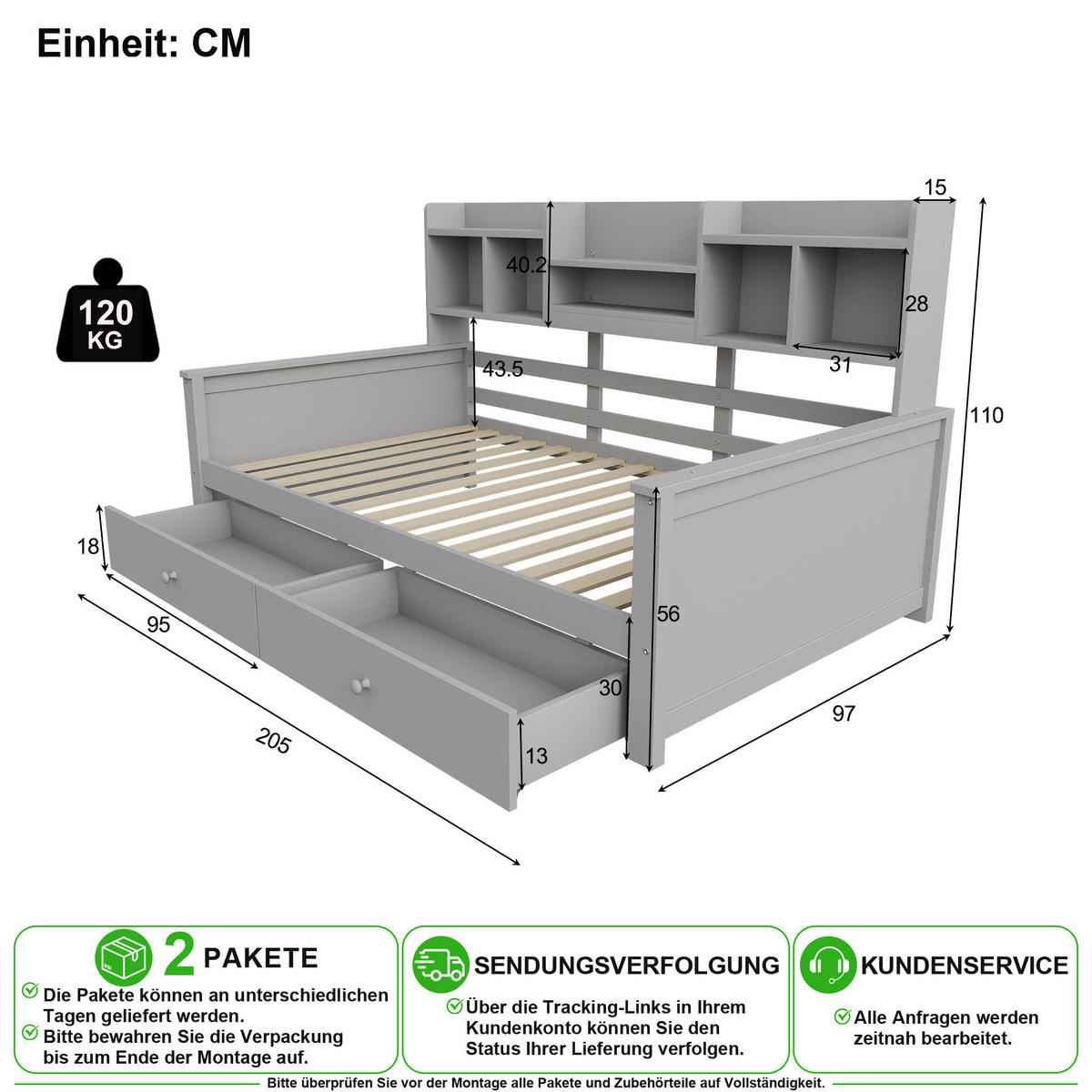 SCHLAFSOFA 90/200 cm in Grau mit 2 Schubladen und Regal Massivholz - Grau, Holz/Holzwerkstoff (90/200cm) - CHICFURN