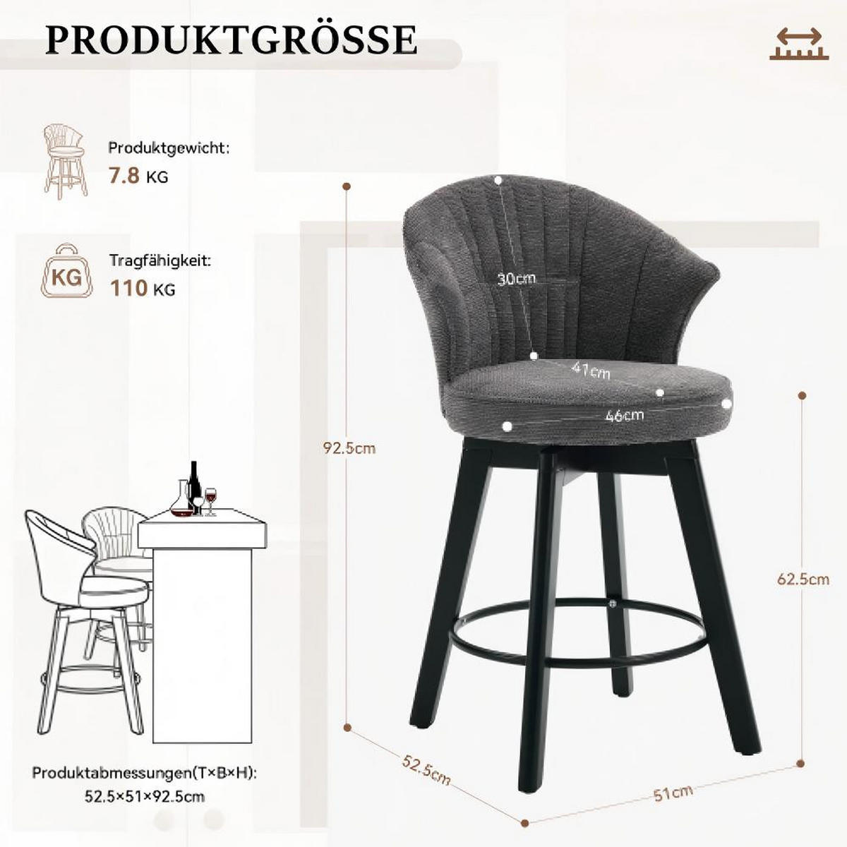 BARHOCKER mit Polsterung, grau 2er-Set - Dunkelgrau, Leder (57/45/52cm)