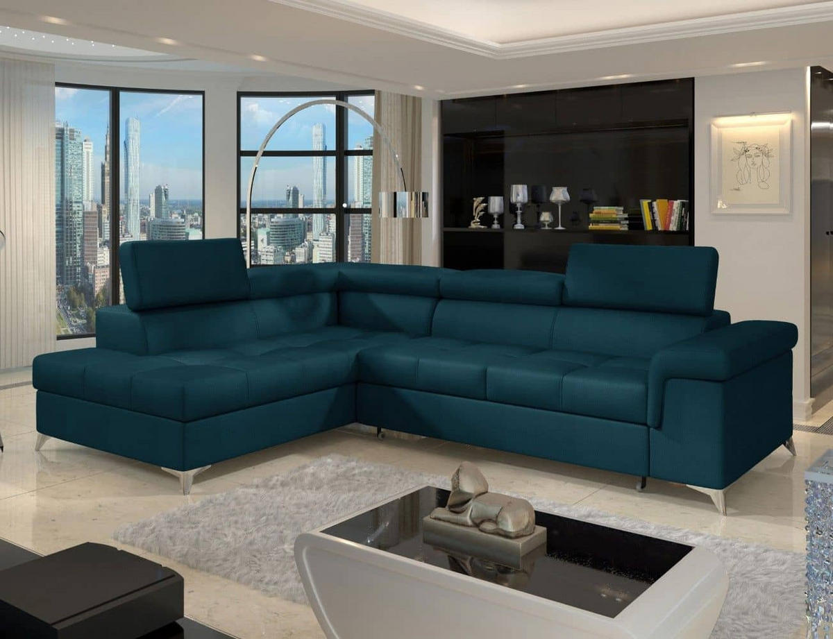 ECKSOFA mit Schlaffunktion und Bettkasten, pflegeleichter Monolith-Stoff - Chromfarben/Dunkelblau, Textil/Metall (275/202cm) - Eltap
