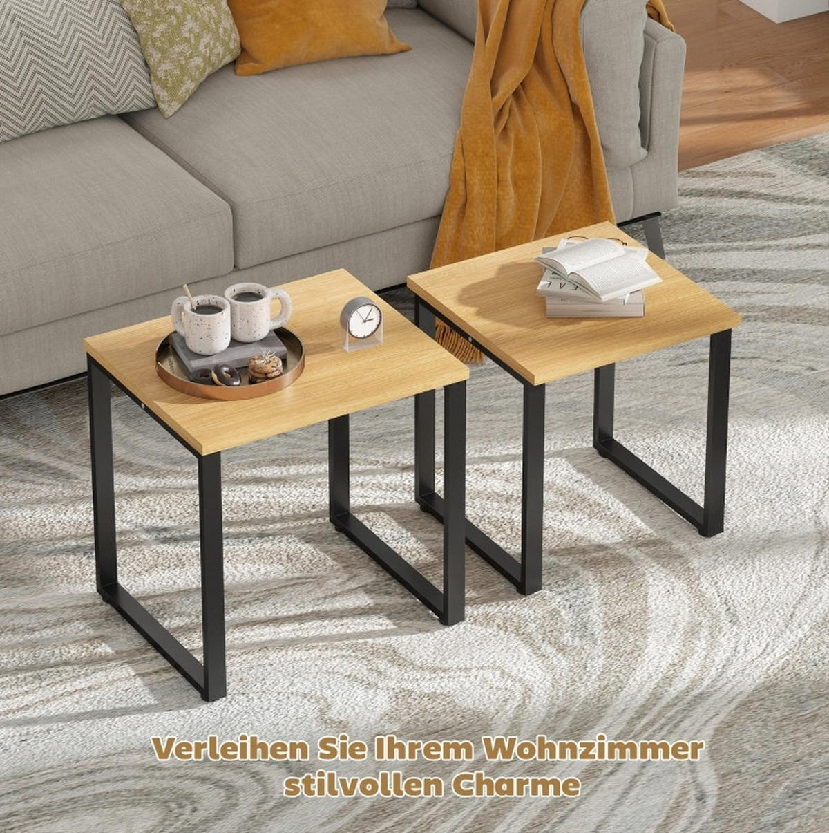 COUCHTISCH 2er-Set 60/50/60 cm & 50/50/54 cm in Natur mit Metallrahmen - Naturfarben, Holz (60/50/60cm) - Flora Grace