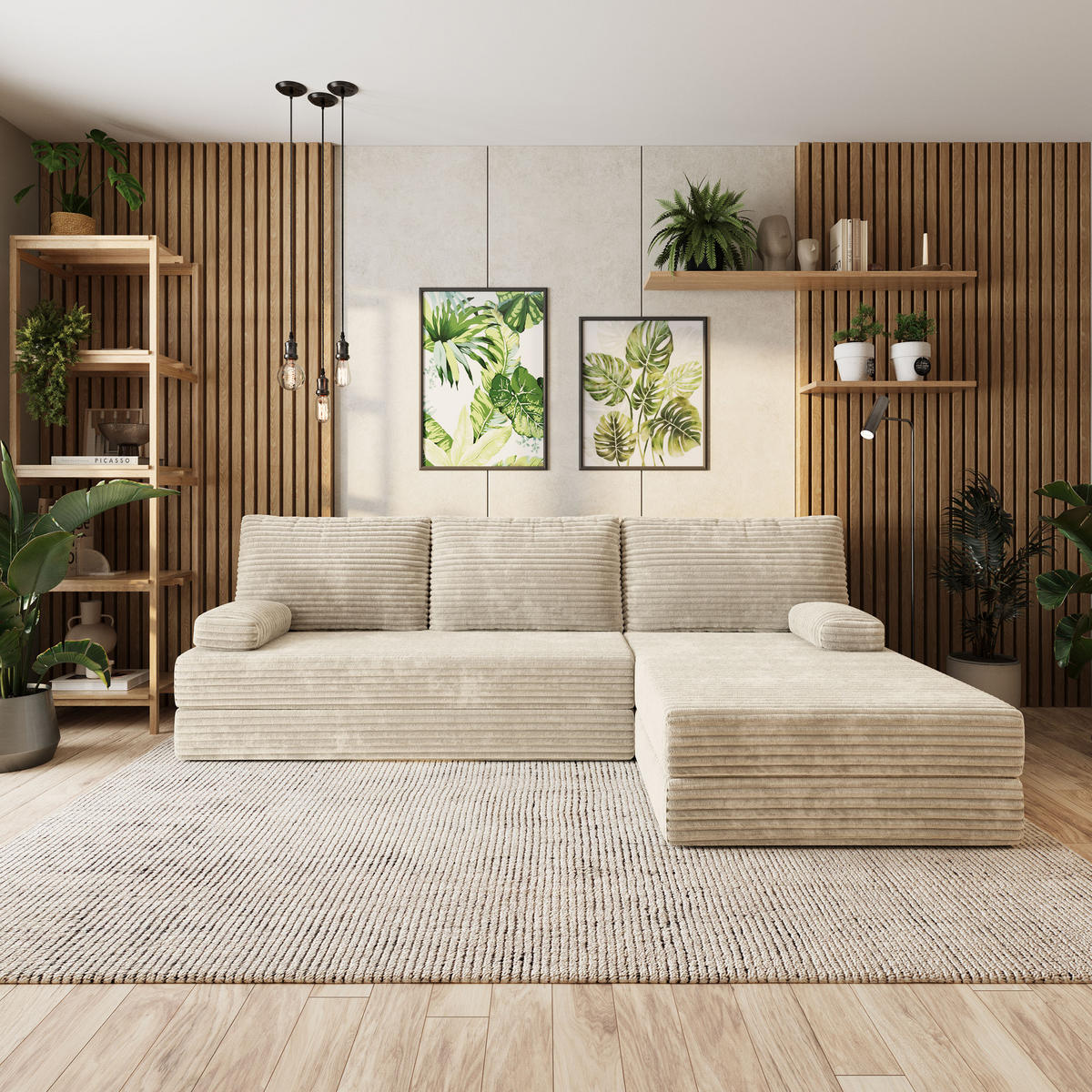 ECKSOFA ANKO modulares Boneless Sofa mit Schlaffunktion Creme Kordstoff - Creme, Textil (270/160cm) - MASSENO