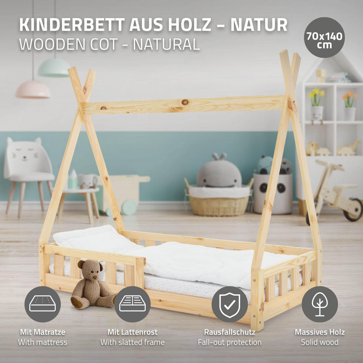 KINDERBETT Tipi mit Matratze 70x140 cm Natur - Naturfarben, Holz (70/140cm) - ML-DESIGN