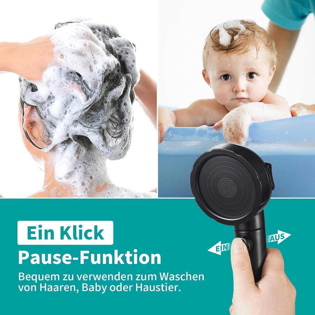 DUSCHKOPF Set mit Wassersparfunktion und 3 Strahlarten Schwarz - Schwarz, Kunststoff (8/12.7/24cm)