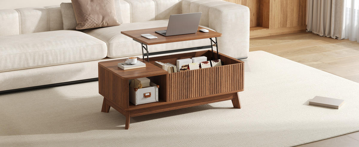COUCHTISCH Hubfunktion Wellenoptik - Walnussfarben, Holzwerkstoff (48/95/50cm)