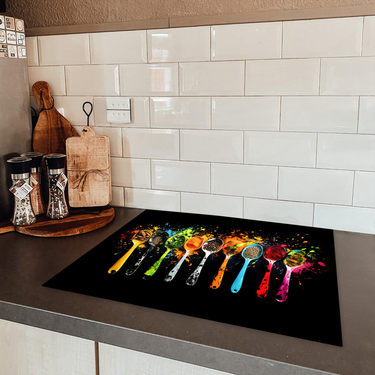 HERDABDECKPLATTE Löffel - Gewürze - Modern - Graffiti - Farbe - Farbenfroh 65x52 cm - Multicolor, Kunststoff (65/52/0.2cm) - MuchoWow