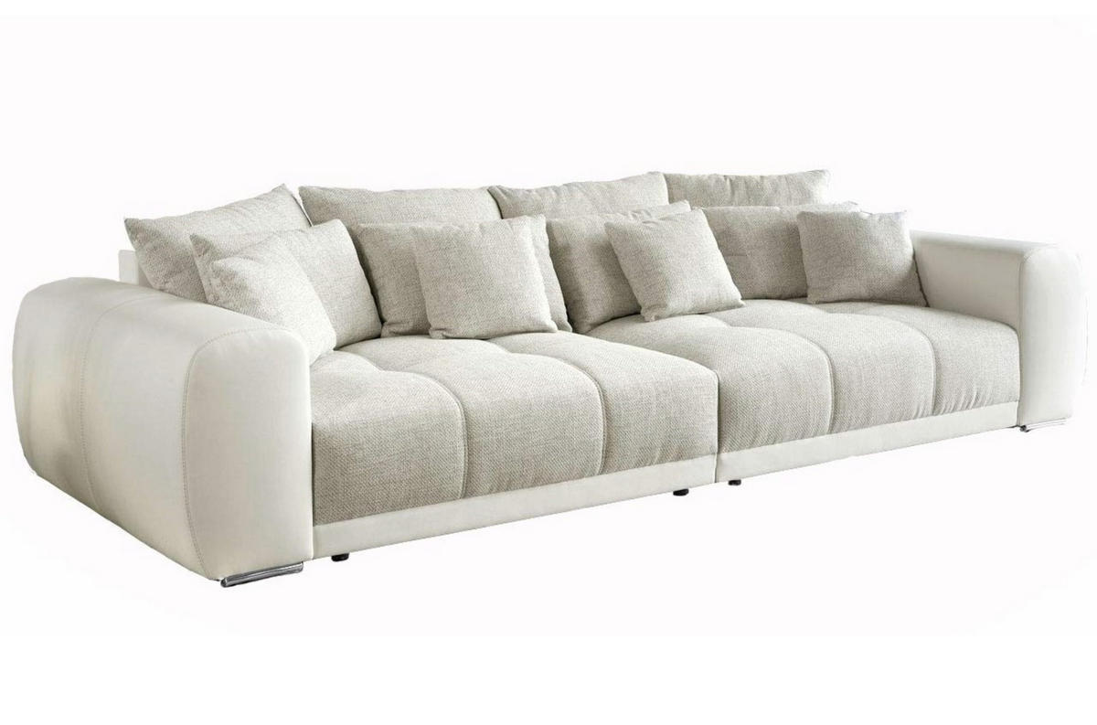 BIG-SOFA Federkern B306/T134/H86 cm, Liegefläche 120x240 cm, Korpus Kunstleder Weiß+Bezug Web-Strukturstoff Grau Beige / 15113 - Chromfarben/Graubraun, Textil/Metall (306/86/134cm) - luma-home