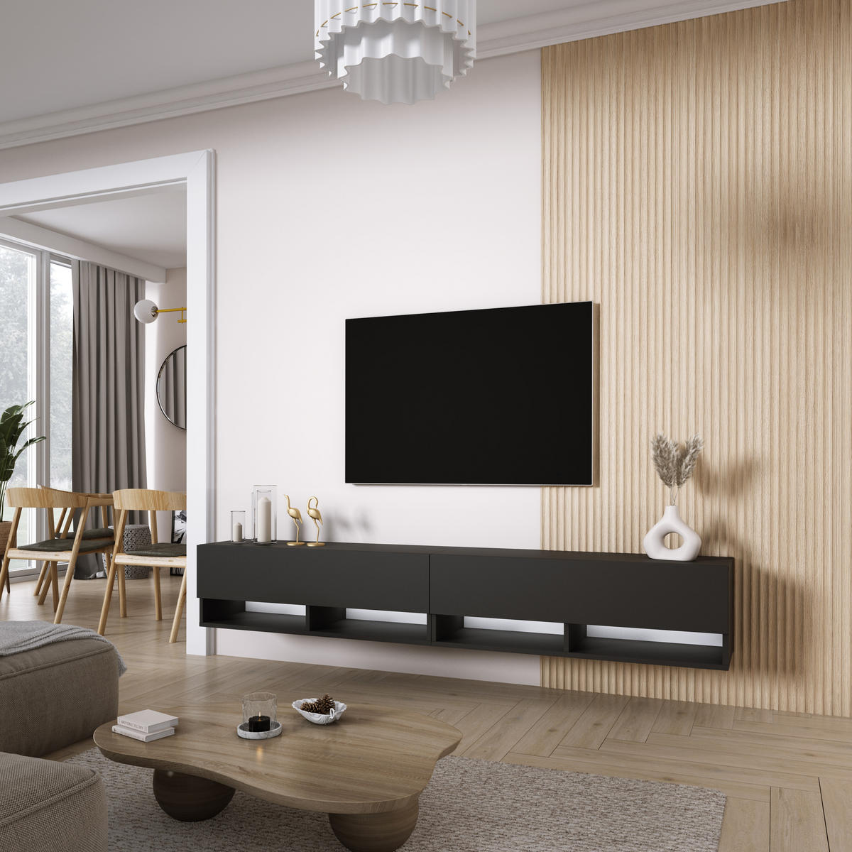 TV-LOWBOARD 200 (2 x 100) cm Mattschwarz, LED weiß, 200 × 32 × 34 cm - Schwarz, Holzwerkstoff (200/33.6/32cm) - 3XE LIVING