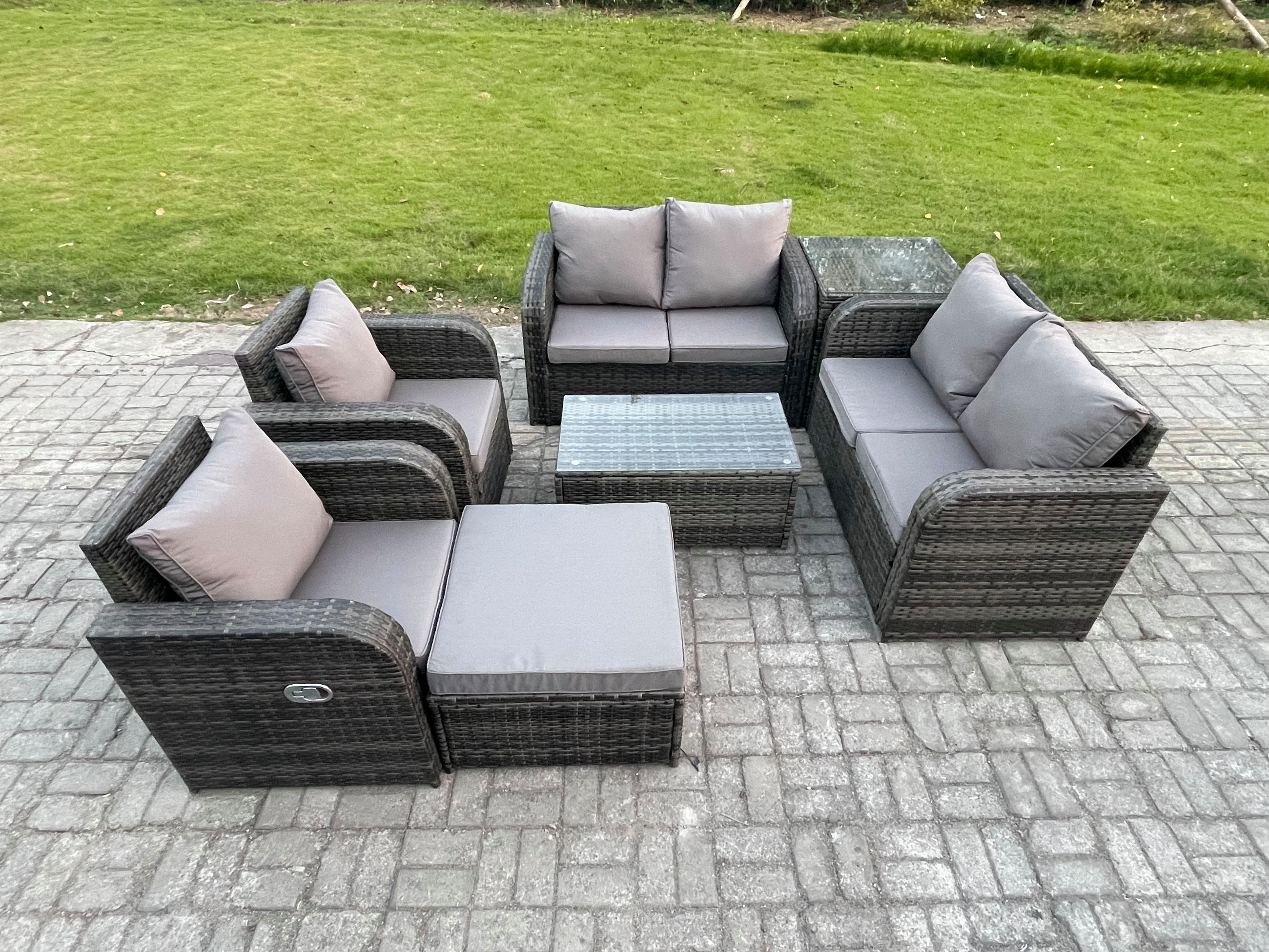 GARTENLOUNGE-SET Polyrattan Dunkelgrau 7-Sitzer - Dunkelgrau, Metall - Fimous