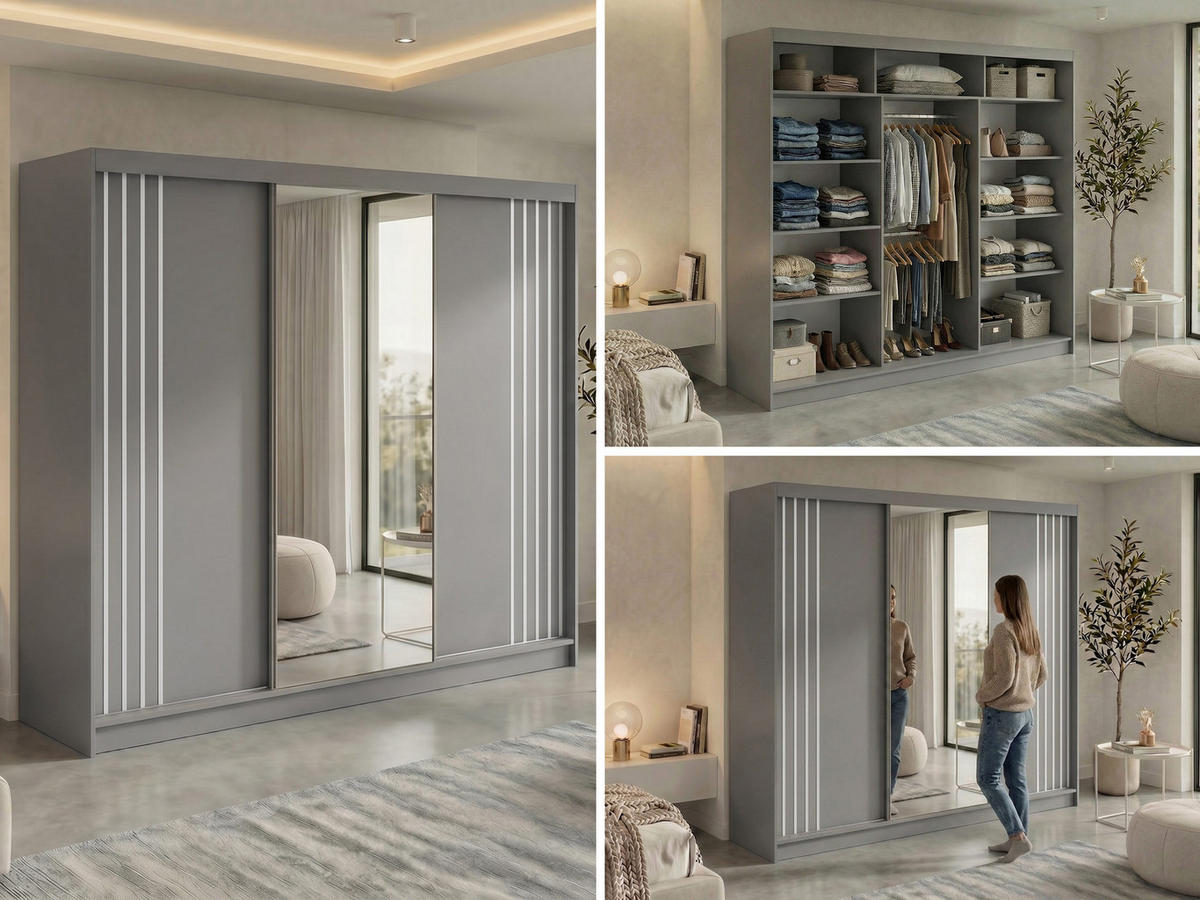 SCHWEBETÜRENSCHRANK mit Lamellen und Spiegel DIANA - 240 - Grau und Weiß - Alufarben/Weiß, Holzwerkstoff/Metall (240/216/61cm) - MKS