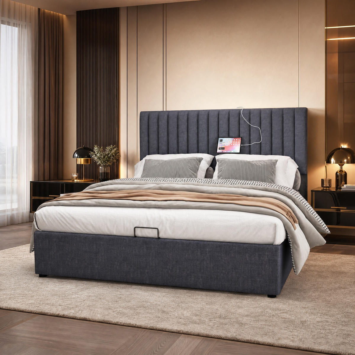 POLSTERBETT 160/200 mit Bettkasten, LED App-Steuerung, USB-C und verstellbarem Kopfteil in Grau - Grau, Holzwerkstoff/Textil (160/200cm) - EVRYAE