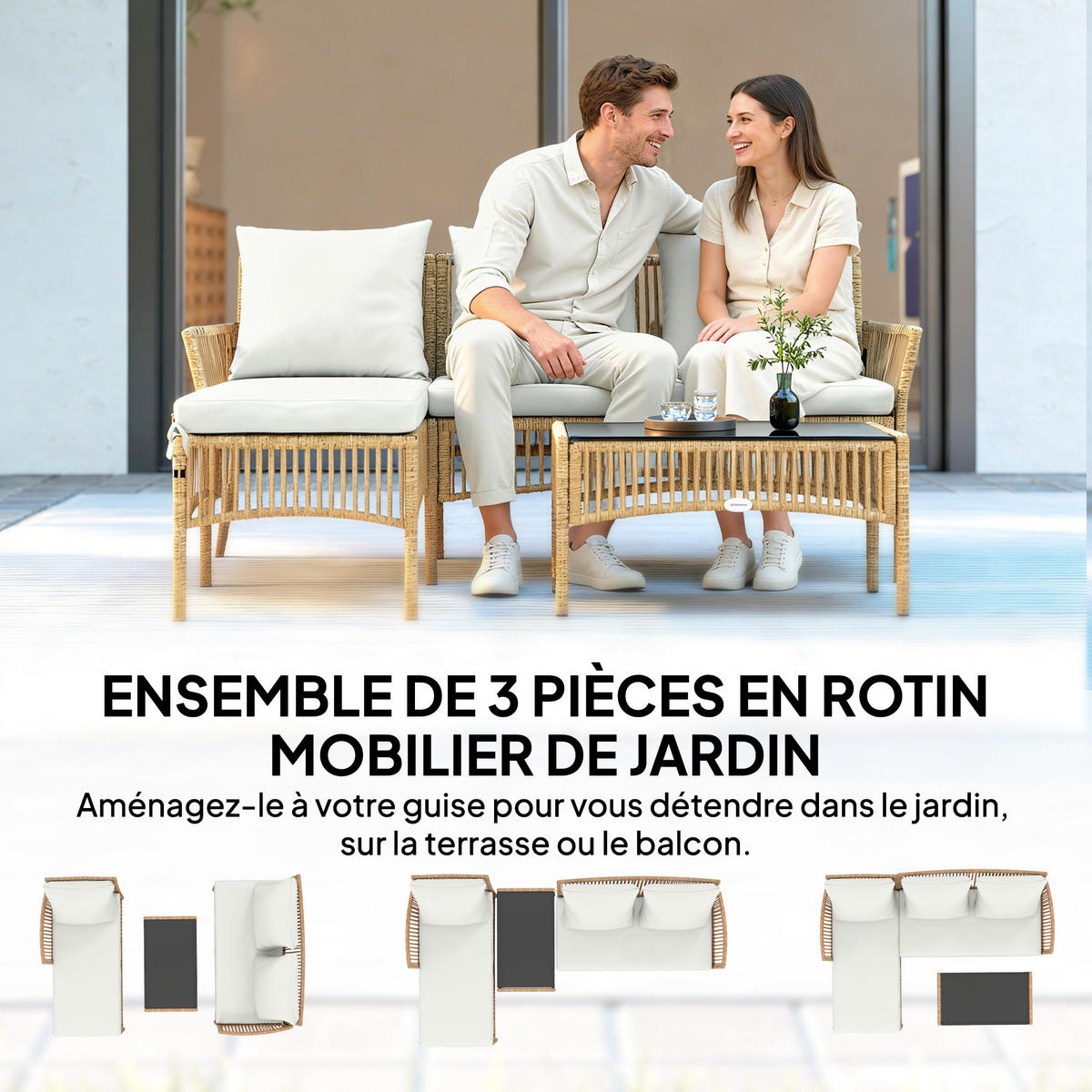 GARTENLOUNGE-SET 3tlg DE-13701 mit Liege & Tisch Creme - Creme, Metall - ComfortXL