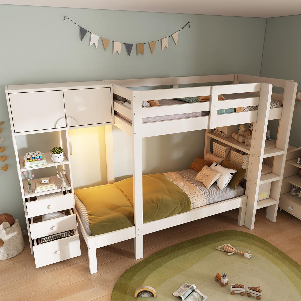 ETAGENBETT 90x200 cm Weiß mit Schrank und Schubladen - Weiß, Holz (90/200cm) - FLIEKS