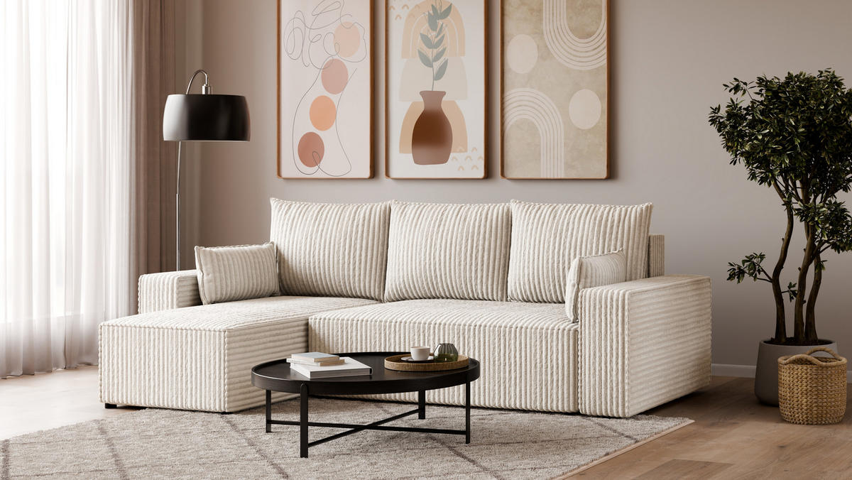 ECKSOFA Tobi mit Bettkasten und Schlaffunktion, L-Form, Cordstoff, Universal - Ecru, Holzwerkstoff (246/145cm) - 4ALL HOME