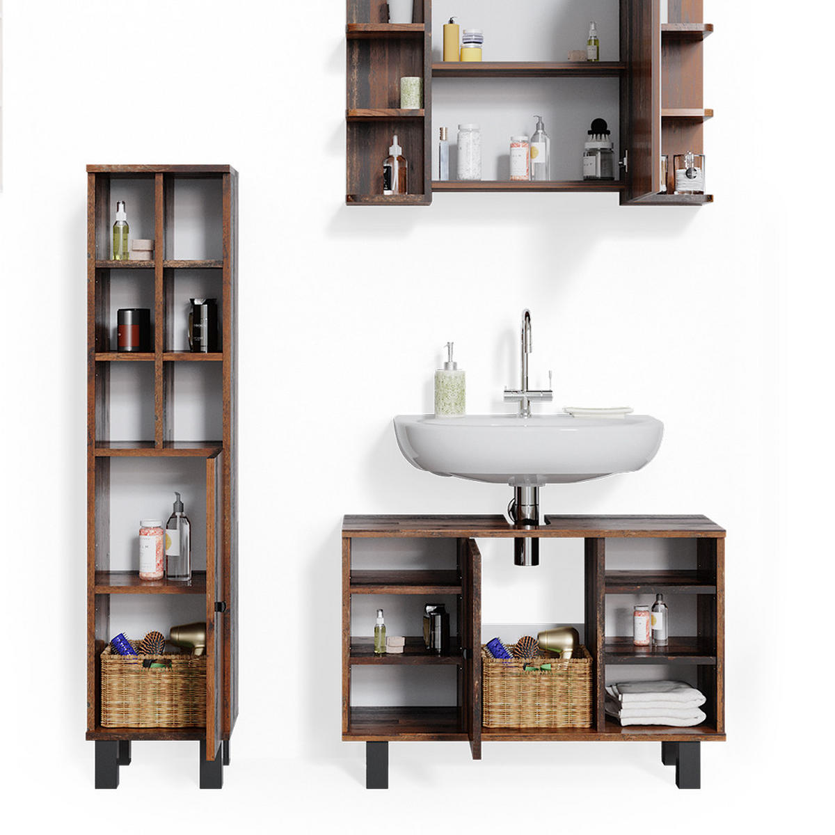BADMÖBEL-SET Fynn Eiche rustikal 3 Teile, mit Midischrank Tür groß - Wildeiche, Holzwerkstoff (60/54/32cm) - Vicco