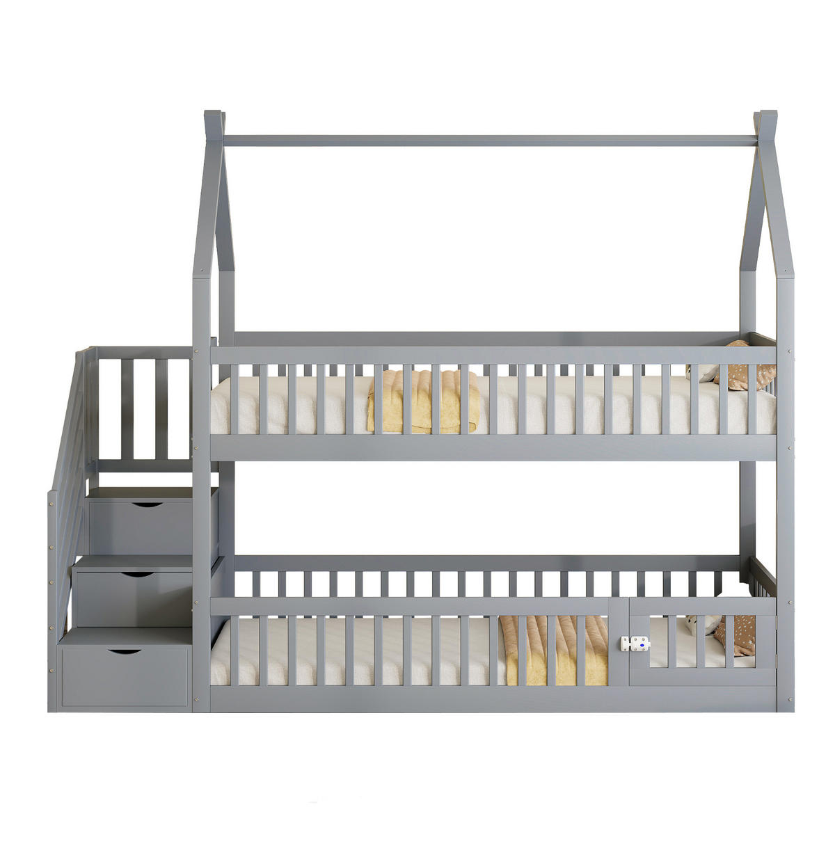 HAUSBETT 90/200 cm aus Kiefernholz mit Treppe und Schubladen in Grau - Grau, Holz (90/200cm) - BEAOK