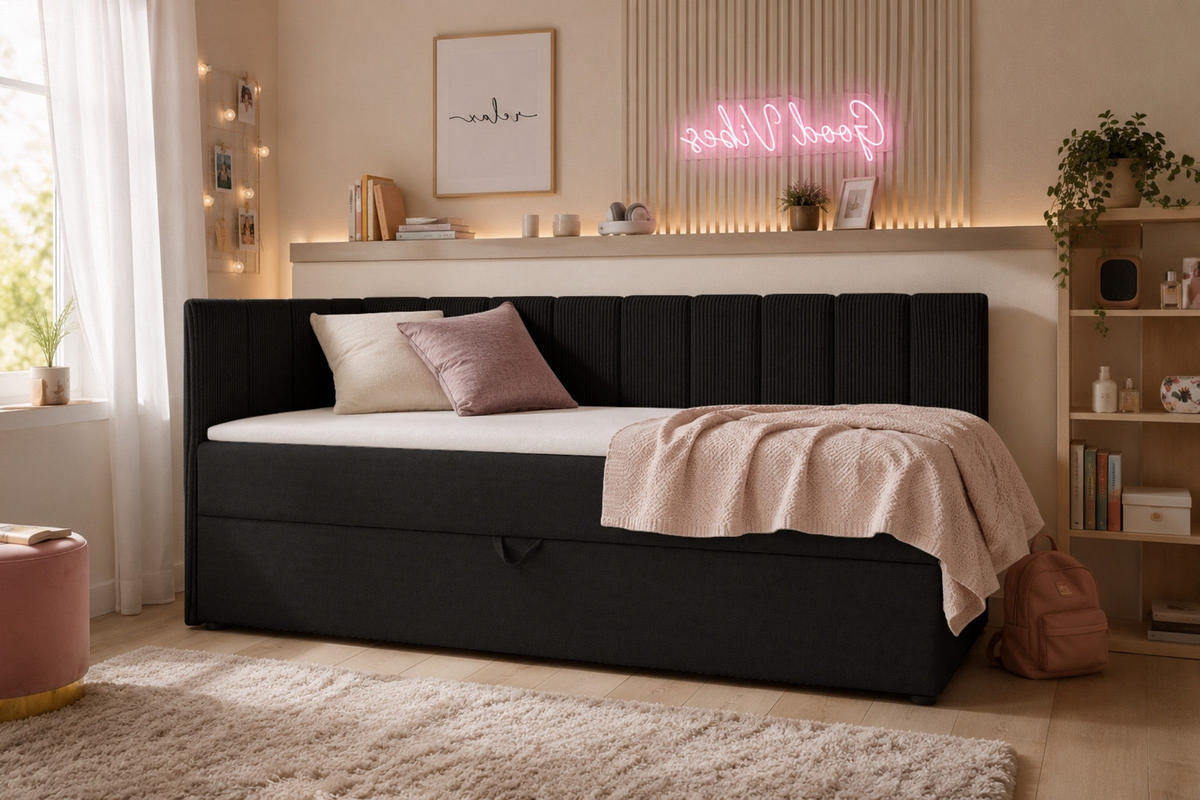 BOXBETT VIGO 100/200 cm in Cord/Velours Schwarz H3 links - Schwarz, Holz/Holzwerkstoff (100/200cm) - Deine Möbel 24