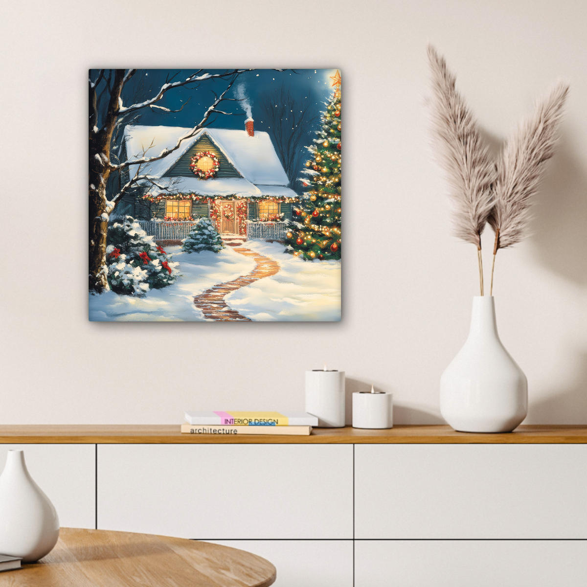 LEINWANDBILD Weihnachten - Weihnachtsbaum - Winter - Zuhause - Schnee Wandbild Wohnzimmer 50x50 cm - Smaragdgrün, Textil (50/50cm) - MuchoWow