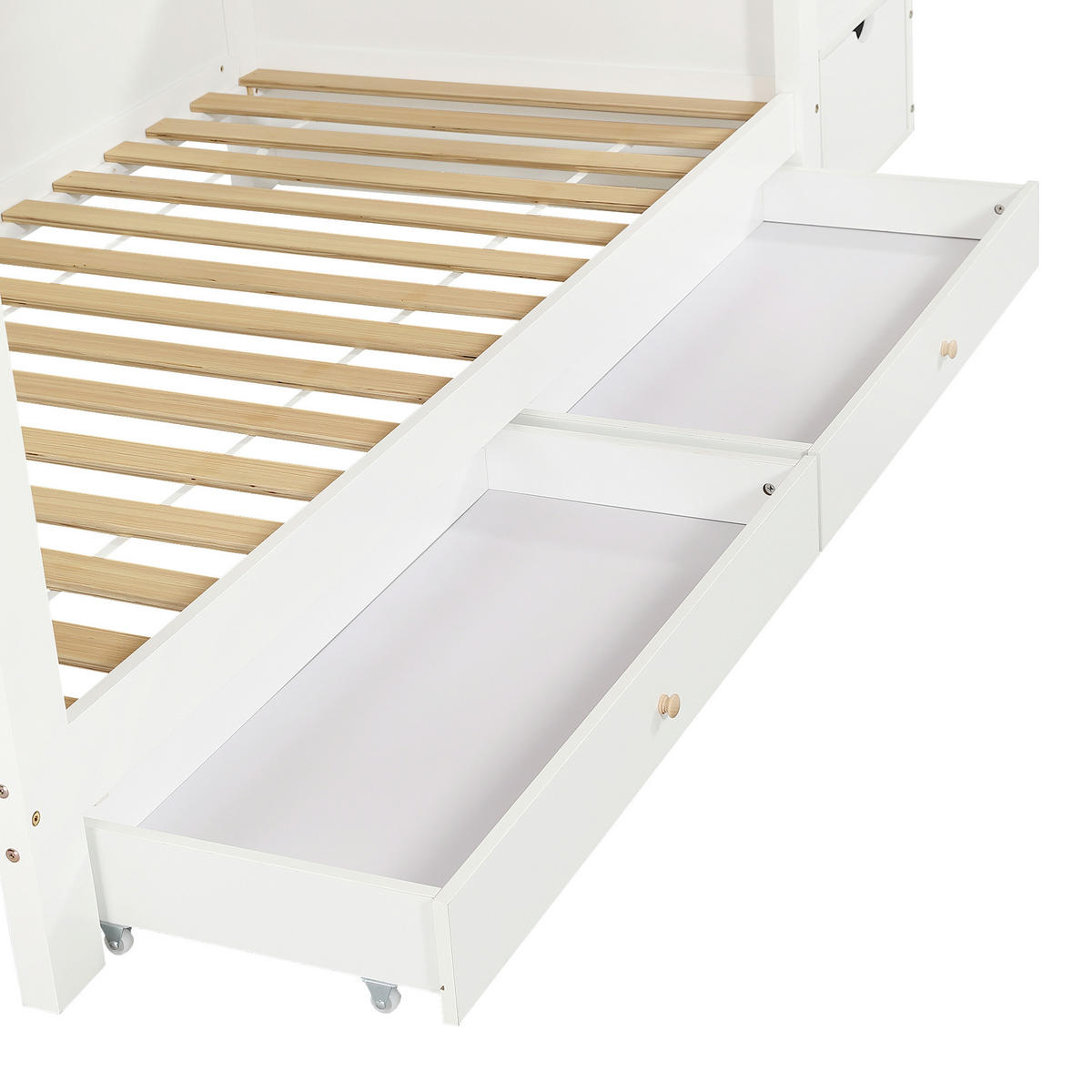 ETAGENBETT 90/200 cm in Weiß & Natur mit 2 Schubladen, Regal und Treppenschrank aus Kiefer & MDF - Weiß/Naturfarben, Holzwerkstoff (90/200cm) - STILVORA