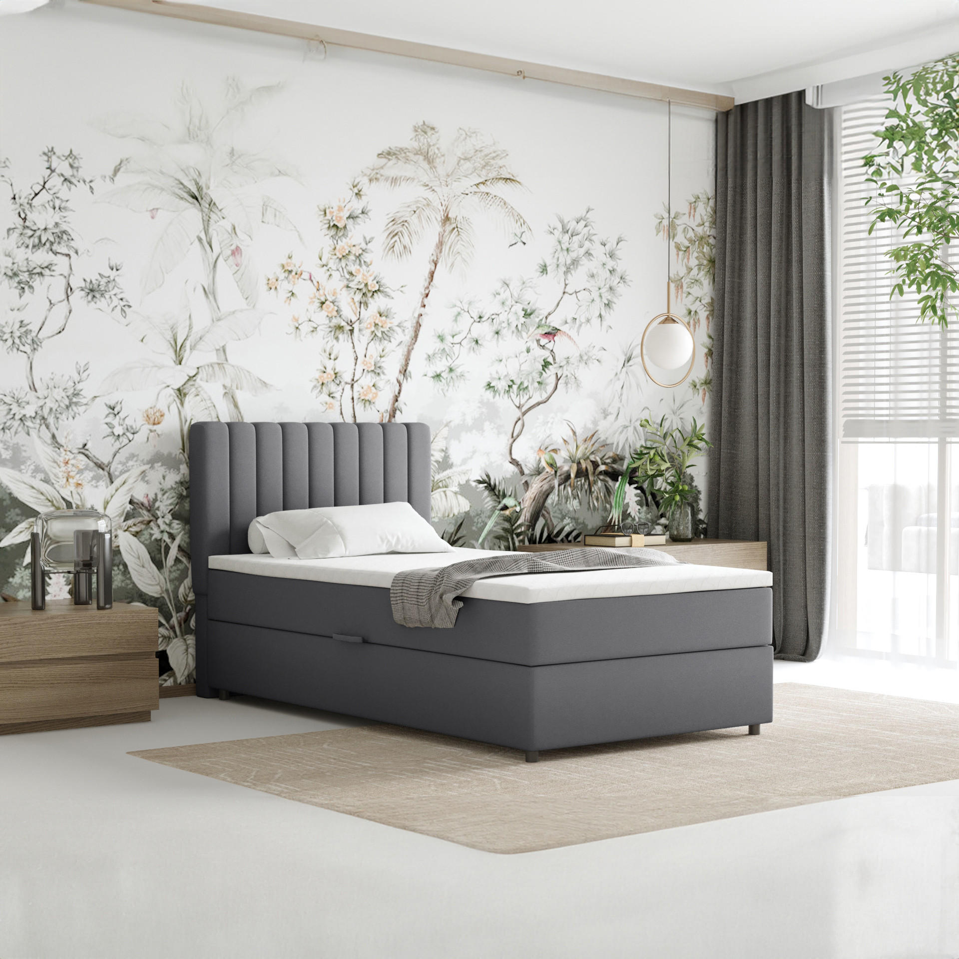 BOXBETT Everest 100 x 200 cm Einzelbett mit hochwertiger Bonell-Matratze und Topper - Grau, Holz (100/200cm) - Panda Möbel