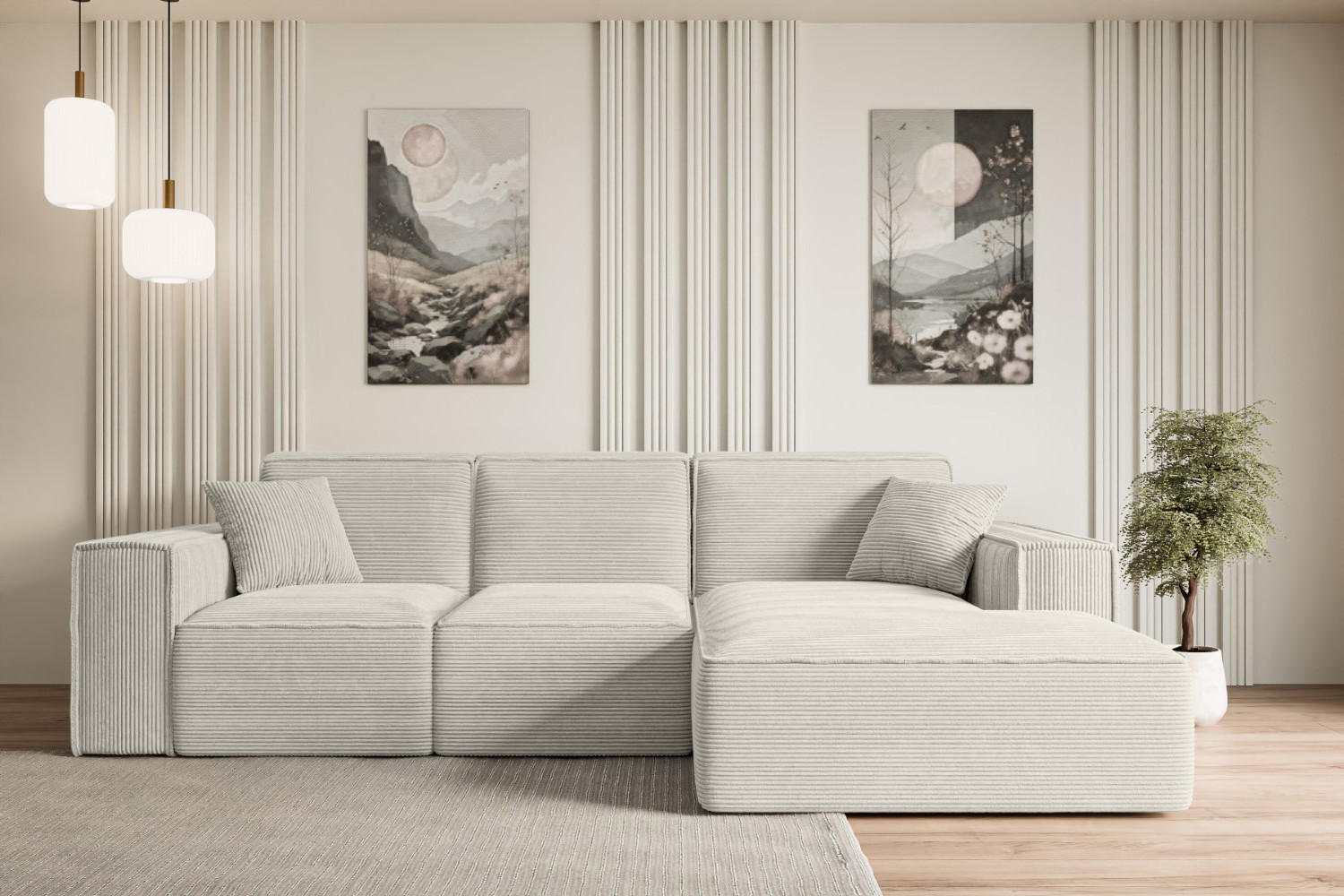 ECKSOFA Ottomane Rechts SERRA-L - 266x165x73 cm Hellgrau Cord - Hellgrau/Schwarz, Holzwerkstoff/Kunststoff (266/165cm) - ALTDECOR