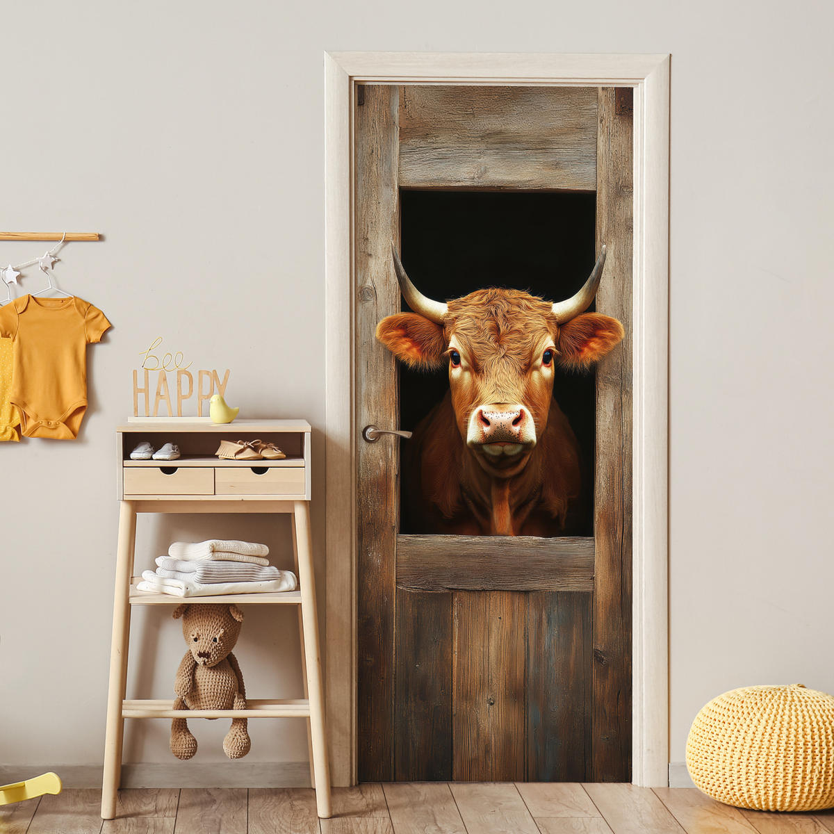 FOTOTAPETE Tür - Kuh - Fenster - Holz - Tiere 95x215 cm - Wengefarben, Kunststoff (95/0.1cm) - MuchoWow