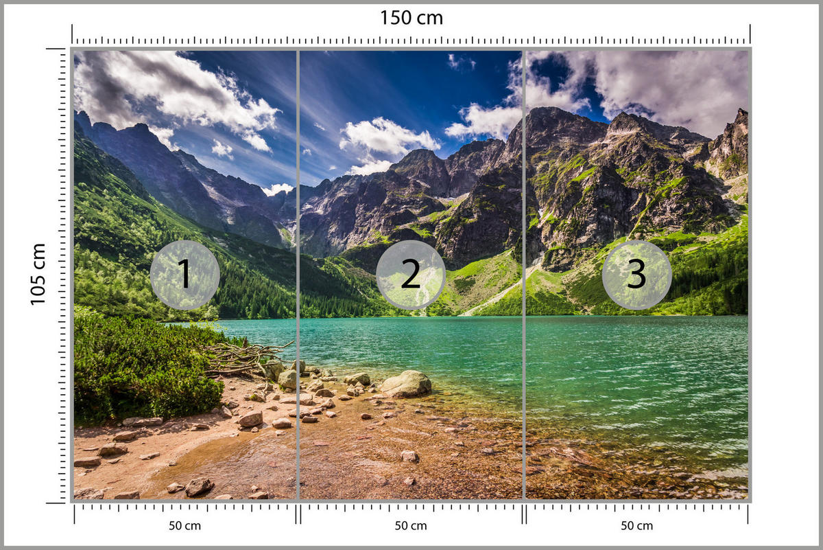 FOTOTAPETE Morskie Oko See Berge Landschaft 3D 150x105 - Türkis/Braun, Papier (150/105cm) - Muralo