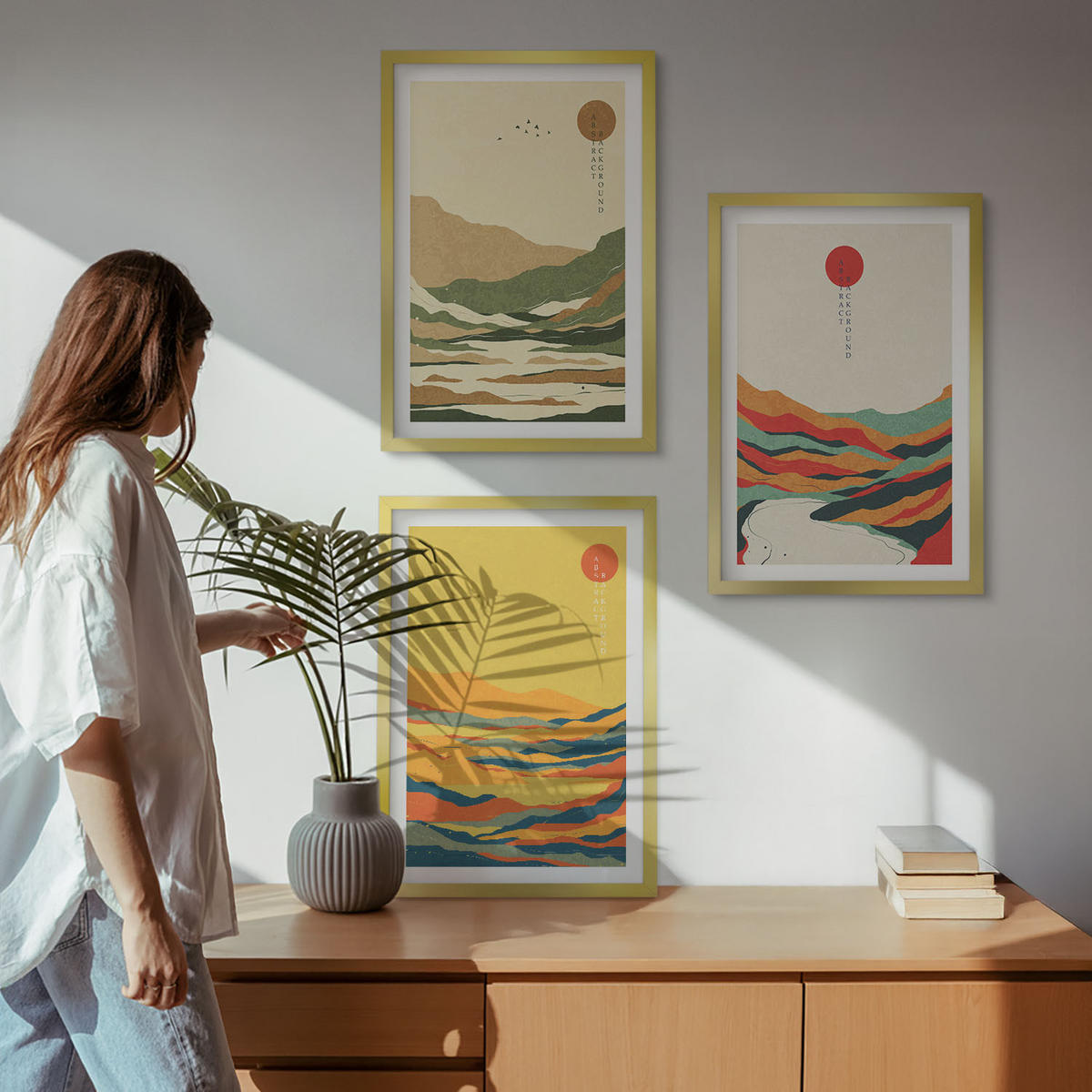 BILDER SET 3er Set - 40x60 cm Goldrahmen - Farbenfrohe Muster der Japandi-Flussberge - Goldfarben, Kunststoff (40/60cm) - TULUP