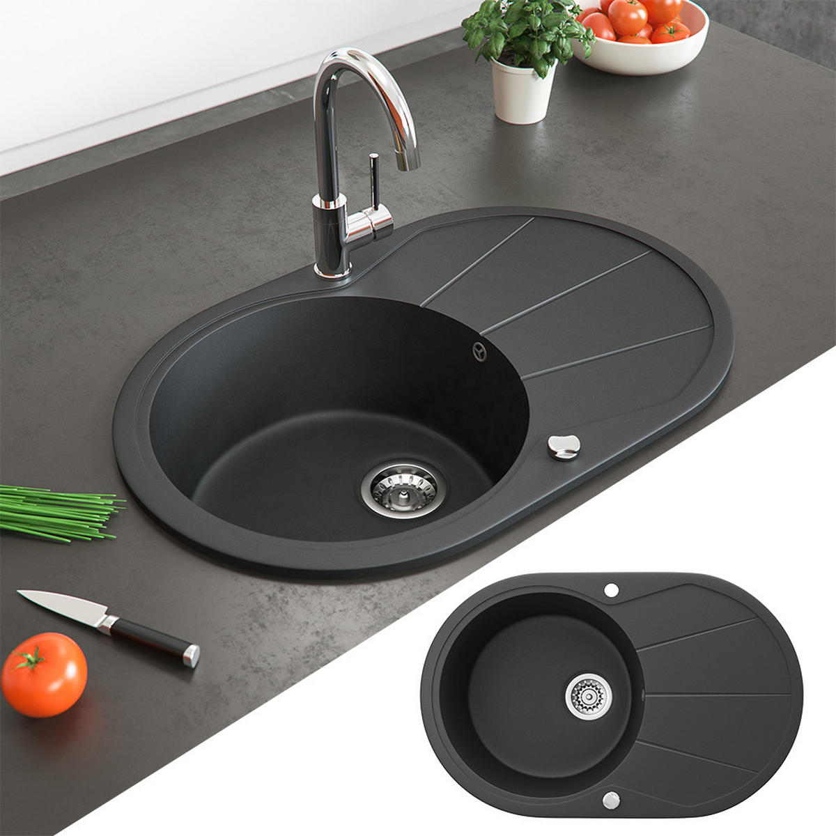 SPÜLBECKEN Schwarz 78 x 50 cm Rund mit Trockenplatz - Schwarz, Keramik (78/20/50cm) - Bergstroem