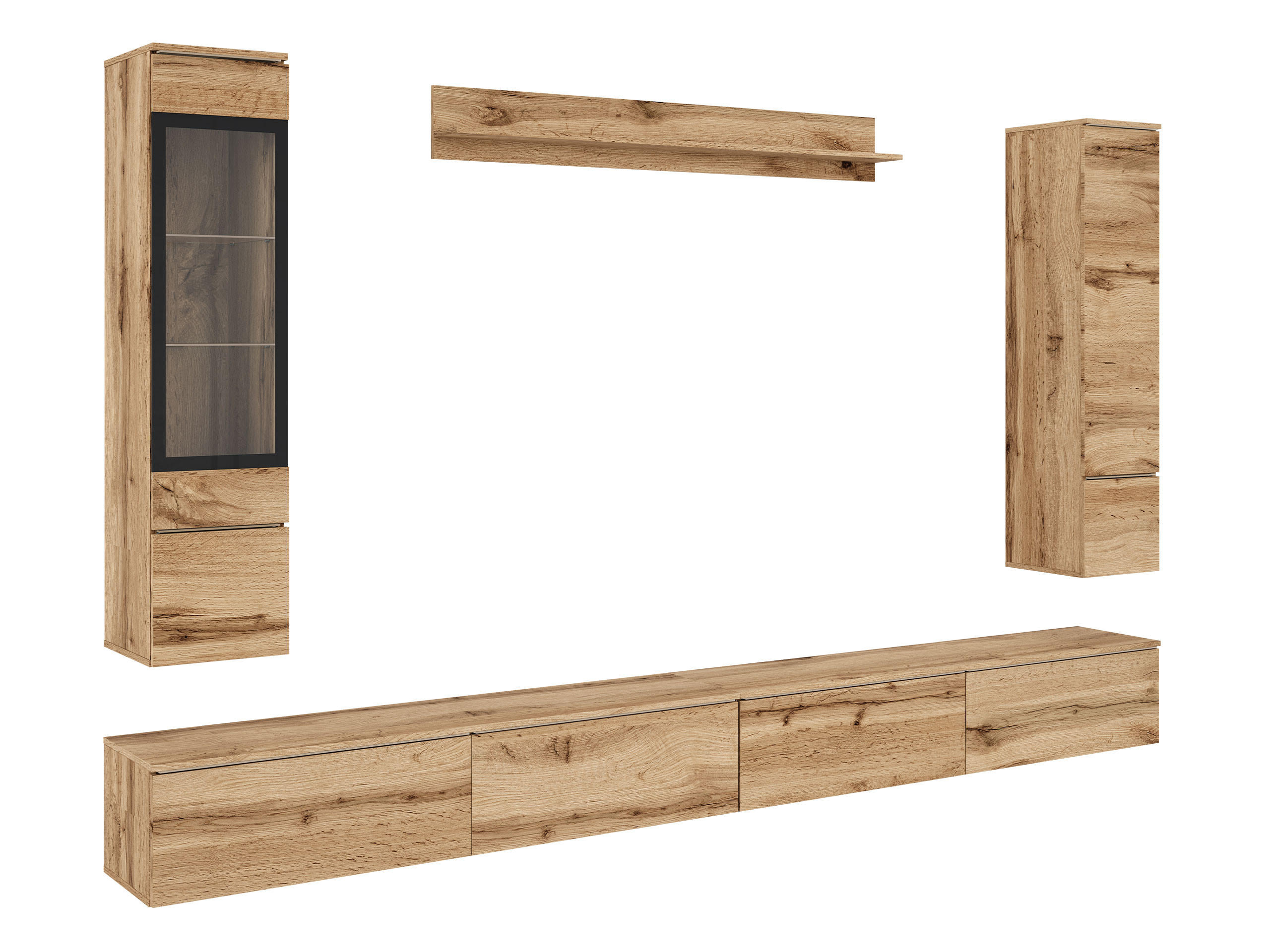WOHNWAND Vera VIII mit weißer LED Beleuchtung - Silberfarben/Eiche Wotan, Holzwerkstoff/Kunststoff (300/130/33cm) - MIRJAN24