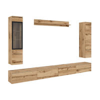 WOHNWAND Vera VIII mit weißer LED Beleuchtung - Silberfarben/Eiche Wotan, Holzwerkstoff/Kunststoff (300/130/33cm) - MIRJAN24