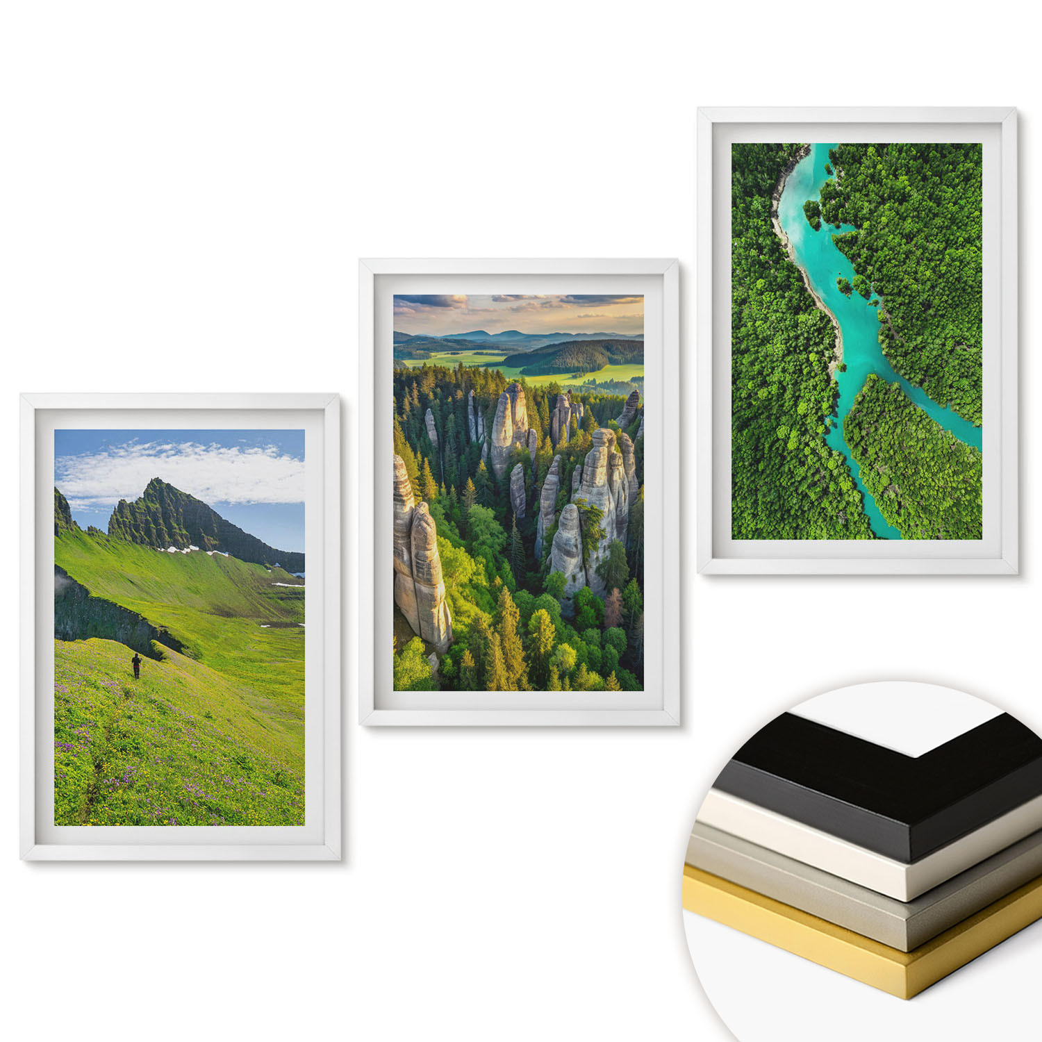 WANDBILDER 3er-Set - 40x60 cm Weißer Rahmen - Grüne Berge, Flussfelsen - Weiß, Kunststoff (40/60cm) - ArtPrintCave