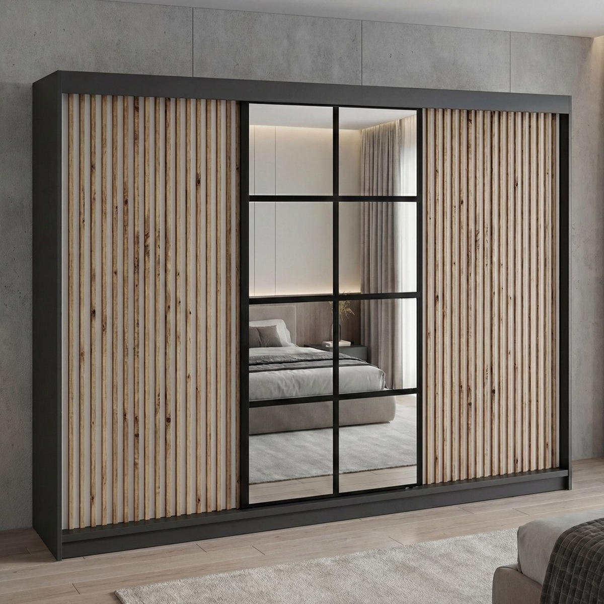 SCHWEBETÜRENSCHRANK NORIVO-Schwarz, Weiß-Lamelle, Schwarz-Spiegel, Weiß-Lamelle 200 cm - Schwarz/Weiß, Holzwerkstoff (200/215/59.5cm) - A&J MöbelLand