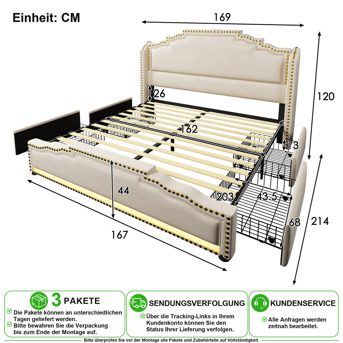 POLSTERBETT 160/200 cm in Beige Samt mit 4 Schubladen, LED, USB und Type-C - Beige, Holzwerkstoff/Textil (160/200cm) - CHICFURN