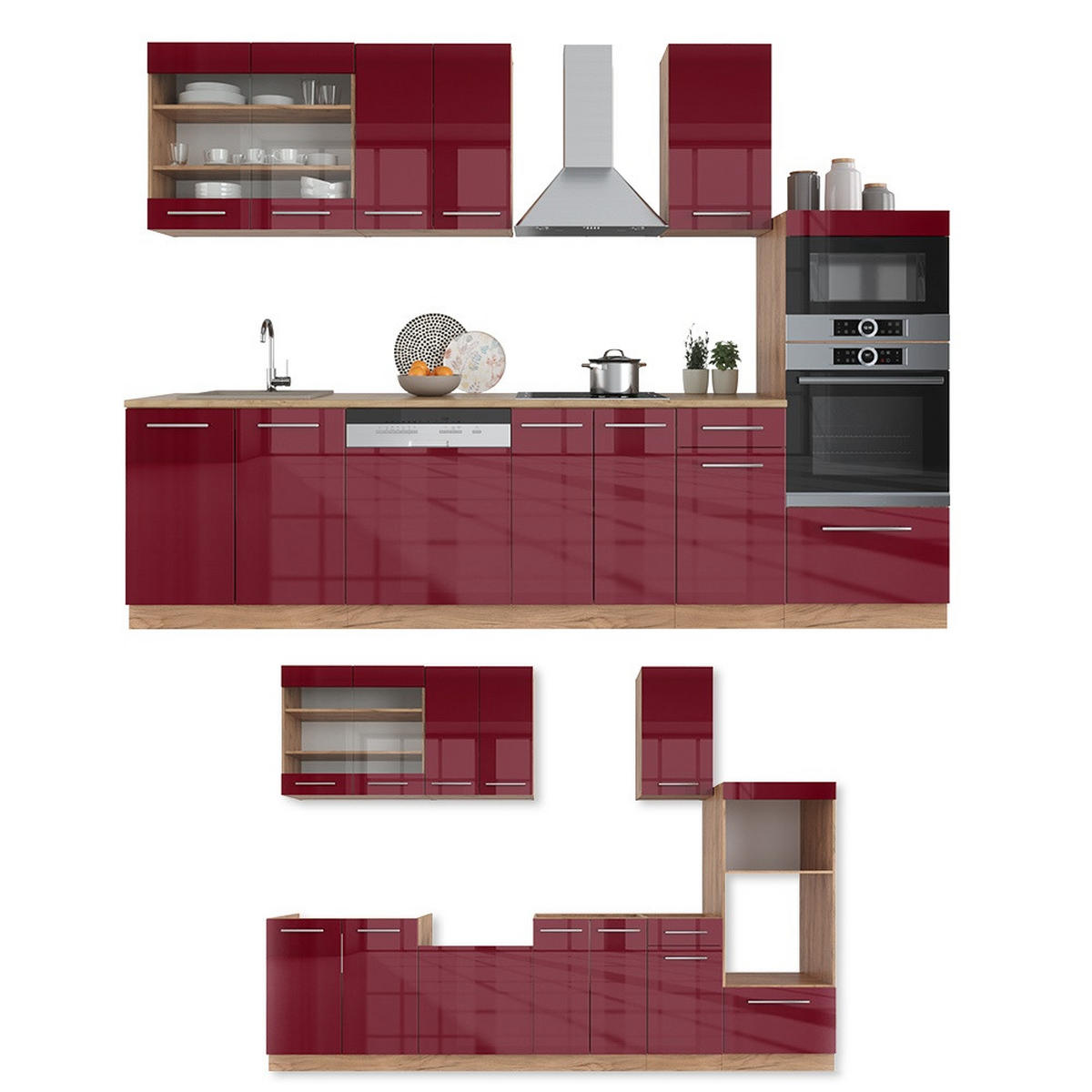 KÜCHENZEILE Fame-Line Bordeaux Hochglanz/Goldkraft Eiche 300 cm mit Hochschrank, ohne Arbeitsplatte - Honigeiche/Bordeaux, Holzwerkstoff (300/81.6/46cm) - Vicco