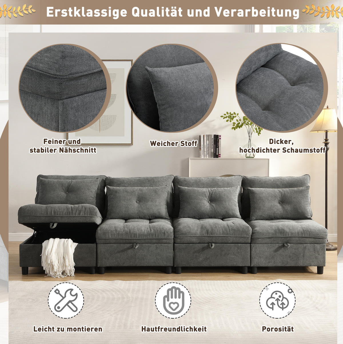 SOFA Chenille mit Stauraum und Schlaffunktion Antik Grau 274/76/87 cm - Alteiche, Textil (274/87/76cm) - Redom