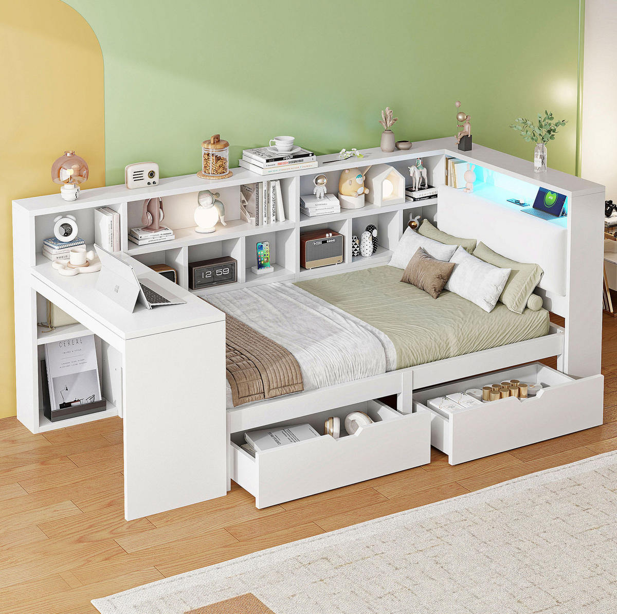 BETT 90/200 cm mit Kopfteil, Schreibtisch, Regal und Schubladen in Weiß - Weiß, Holzwerkstoff (90/200cm) - BEAOK