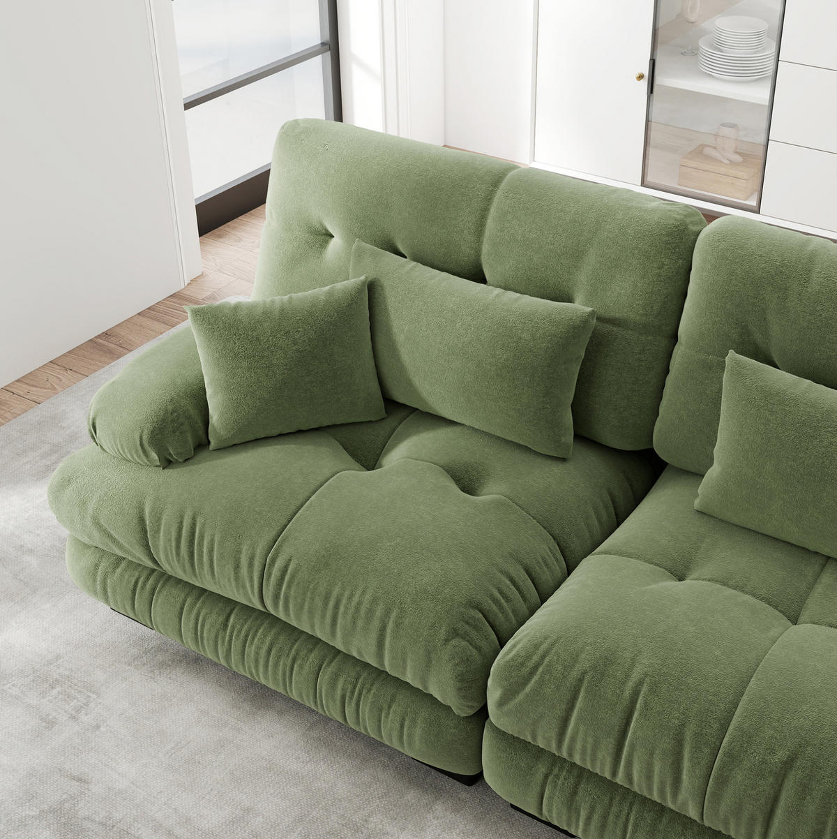 ECKSOFA 406/145/81 cm grün aus Chenille mit modularem Ottoman und Cloud-Komfort - Grün, Textil (145/406cm) - OKWISH
